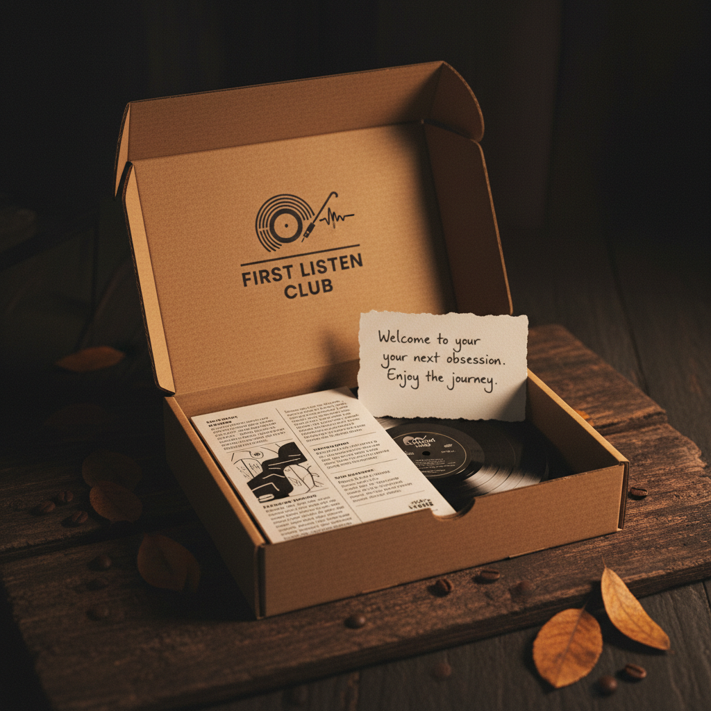 First Listen Club Drop Kit — open kraft paper box with artist zine, vinyl record, and handwritten card